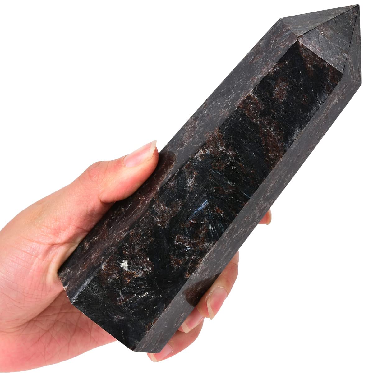 MOGEMT Large Astrophyllite Quartz Healing Crystal Tower Black Firework Stone Obelisk 6 Faceted Single Point Wand Reiki Chakra Meditation Therapy 1.5-