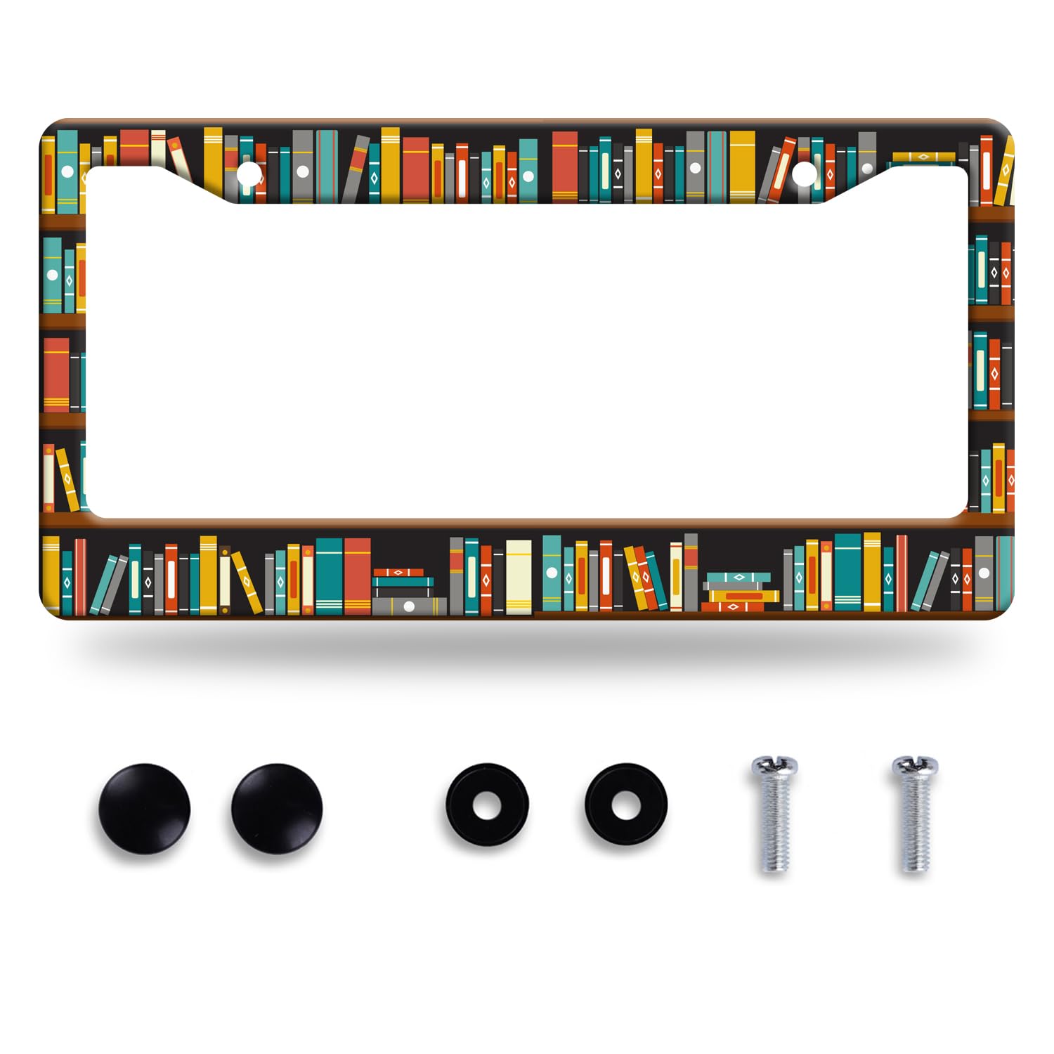Cartoon Bookshelf Pattern License Plate Frame Funny Books License Plate Holder Stainless Steel Accessories License Plate Cars Decoration