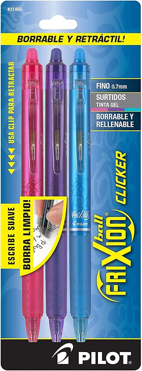 FriXion Clicker Bolígrafos de tinta de gel borrables, recargables y retráctiles, punta fina, tintas rosa/morado/turquesa, paquete de 3 (31469)