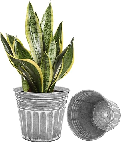 vensovo Macetas rústicas de metal plateado de 7 pulgadas  2 macetas medianas galvanizadas con orificio de drenaje y tapón de goma, macetas de metal