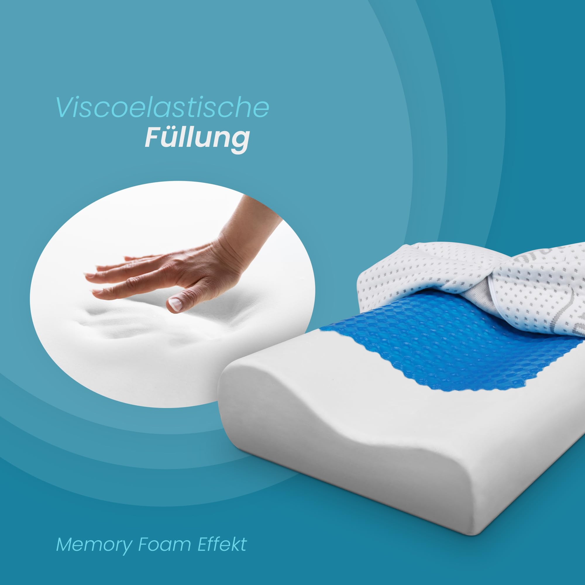 Bestlivings Cuscino cervicale in memory foam (cuscino cervicale con inserto in gel/60 x 30 x 10 cm), cuscino viscoelastico, rivestimento Silver Protect, antimicrobico rimovibile, Öko-Tex