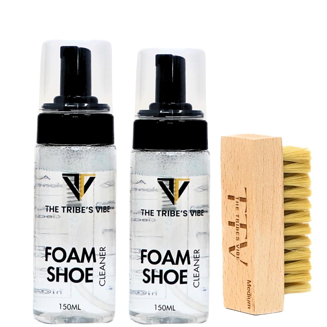 The Tribes VibeFoam Shoe Cleaner | Foam Shoe Cleaner (150ml x 2), Medium Brush | Shoe Cleaner | Sneaker And Sports Shoes Cleaning Kit | White Shoes Cleaner | Shoe Spray.
