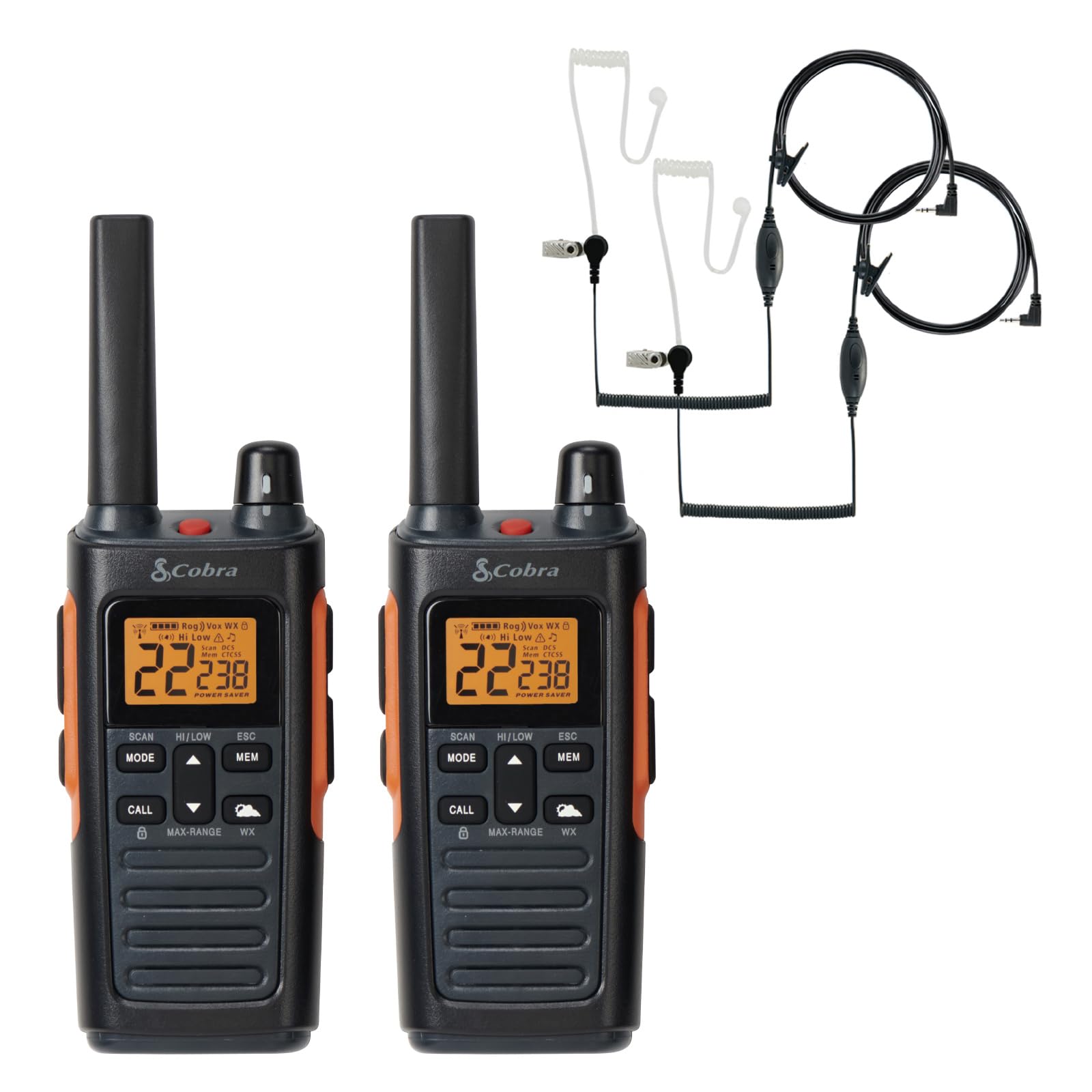Cobra RX680 2-Pack Walkie Talkies &amp; Compatible Cobra GA-SV01 2P Surveillance Headset Microphones: Rugged &amp; Splashproof Two-Way Radios, Rechargeable, 60 Preset Channels, 38-Mile Range, Black/Orange