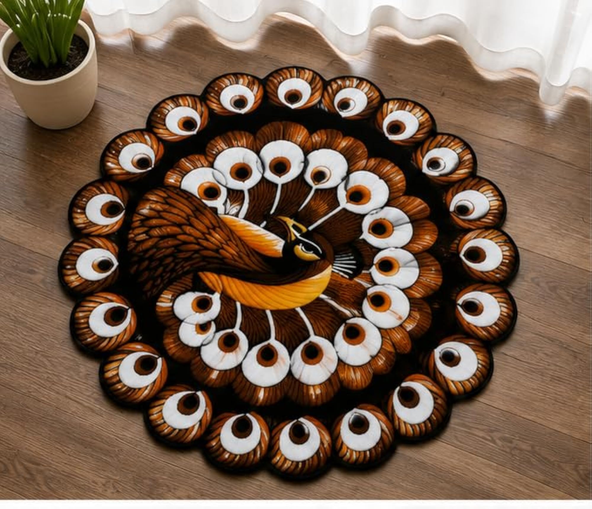 3D Printed Decorative Door Mat, Brown Peacock, 25x25 Inch