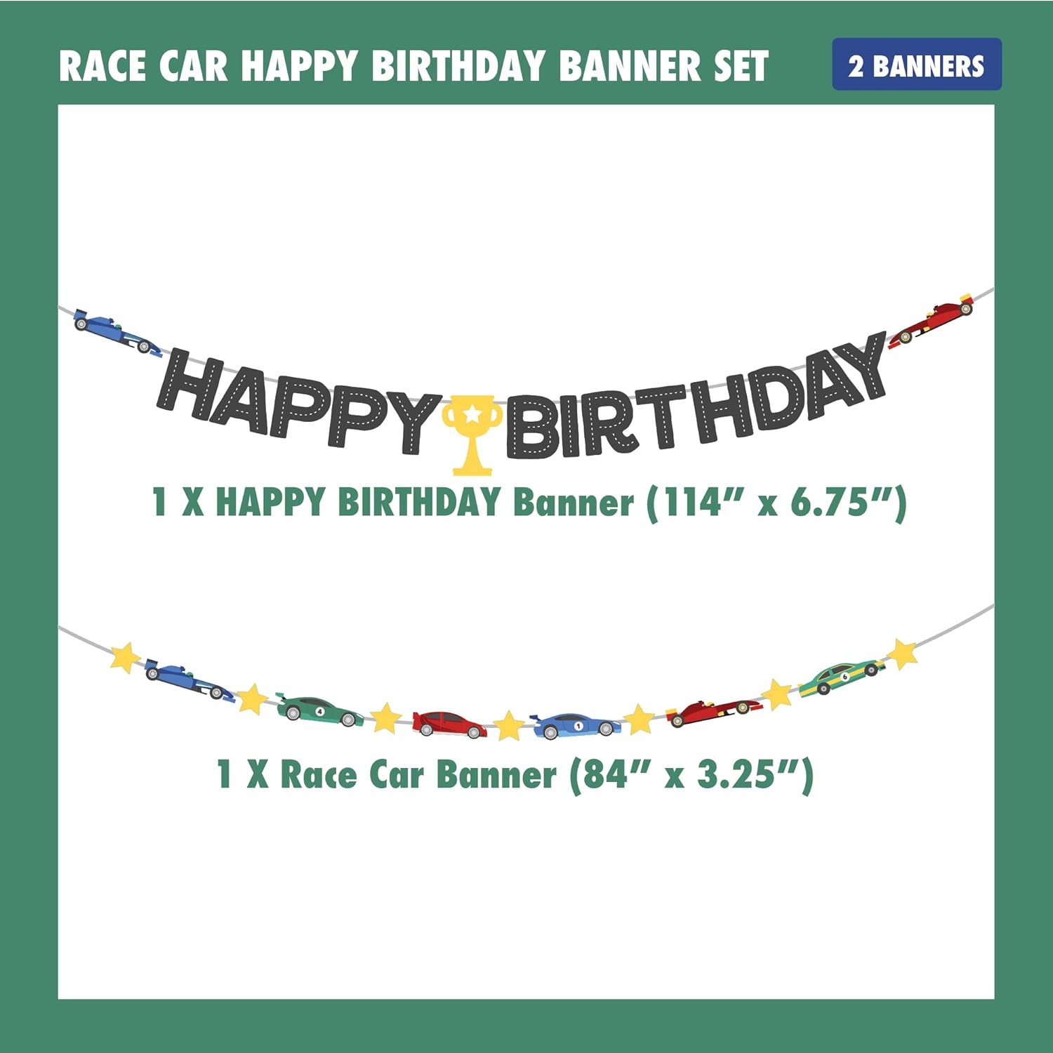 Race Car Birthday Banner Set - 2 Pcs Set | Race Car Birthday Party Decorations | Fast One & Two Fast Party Decor for Boys | Hot Racing Banner | Fun Wheels Racing & Indy Decor