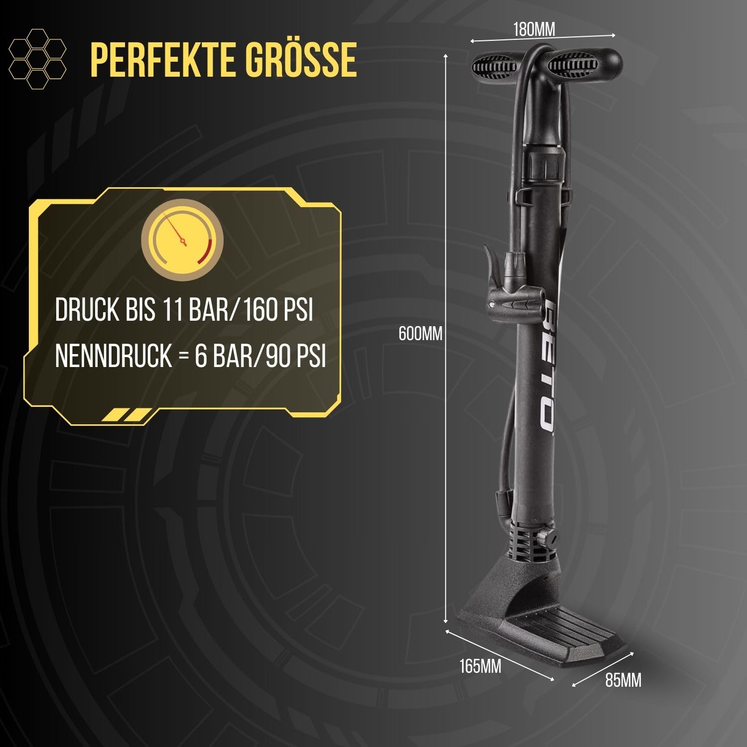 BETO Fahrradpumpe, Standpumpe, Luftpumpe, mit Universaldoppelpumpenkopf,  Ballnadel, Luftmatratzenadapter, 160psi, 11bar, AV, DV, FV, Autoventil,  Dunlopventil, Franzsisches Ventil : Amazon.de: Sport & Freizeit