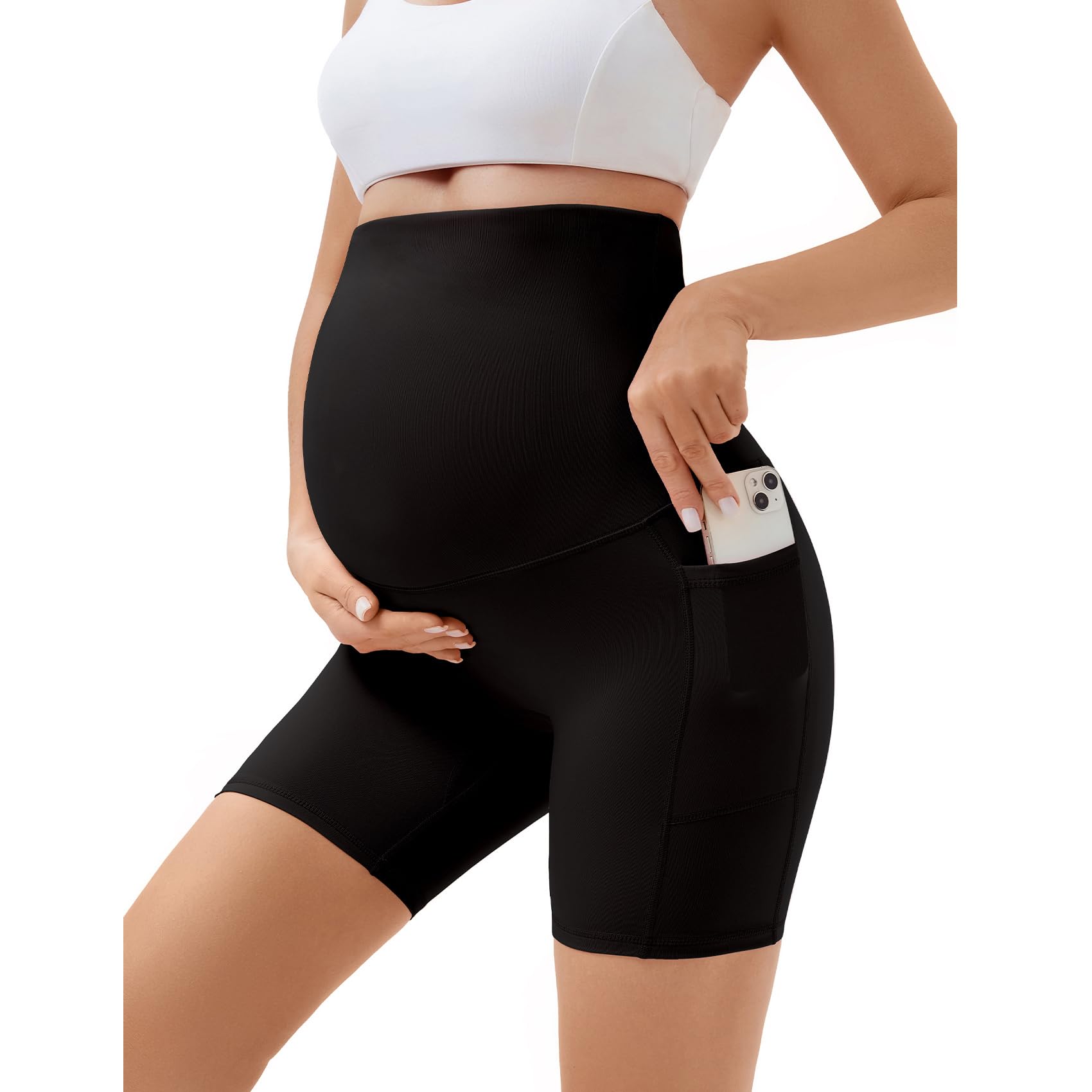 MAZUSPORTS Women's 5" Maternity Yoga Shorts Over The Belly Pregnancy Workout Biker Under Dress Shorts with Pockets