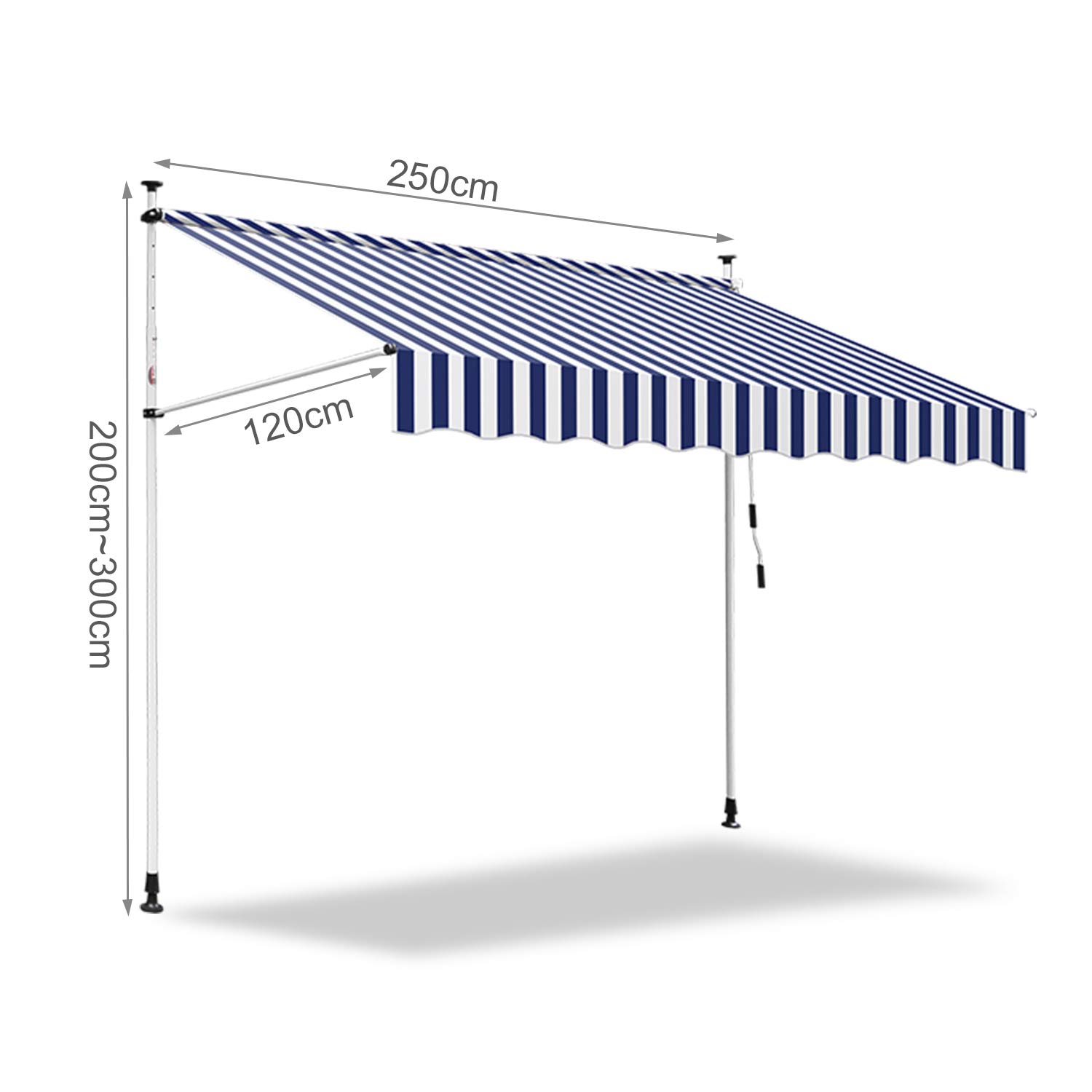 Balkon Markise ohne Bohren, 200 cm breit mit Handkurbel, höhenverstellbar, UV-beständig und wasserdicht, blau-weiß