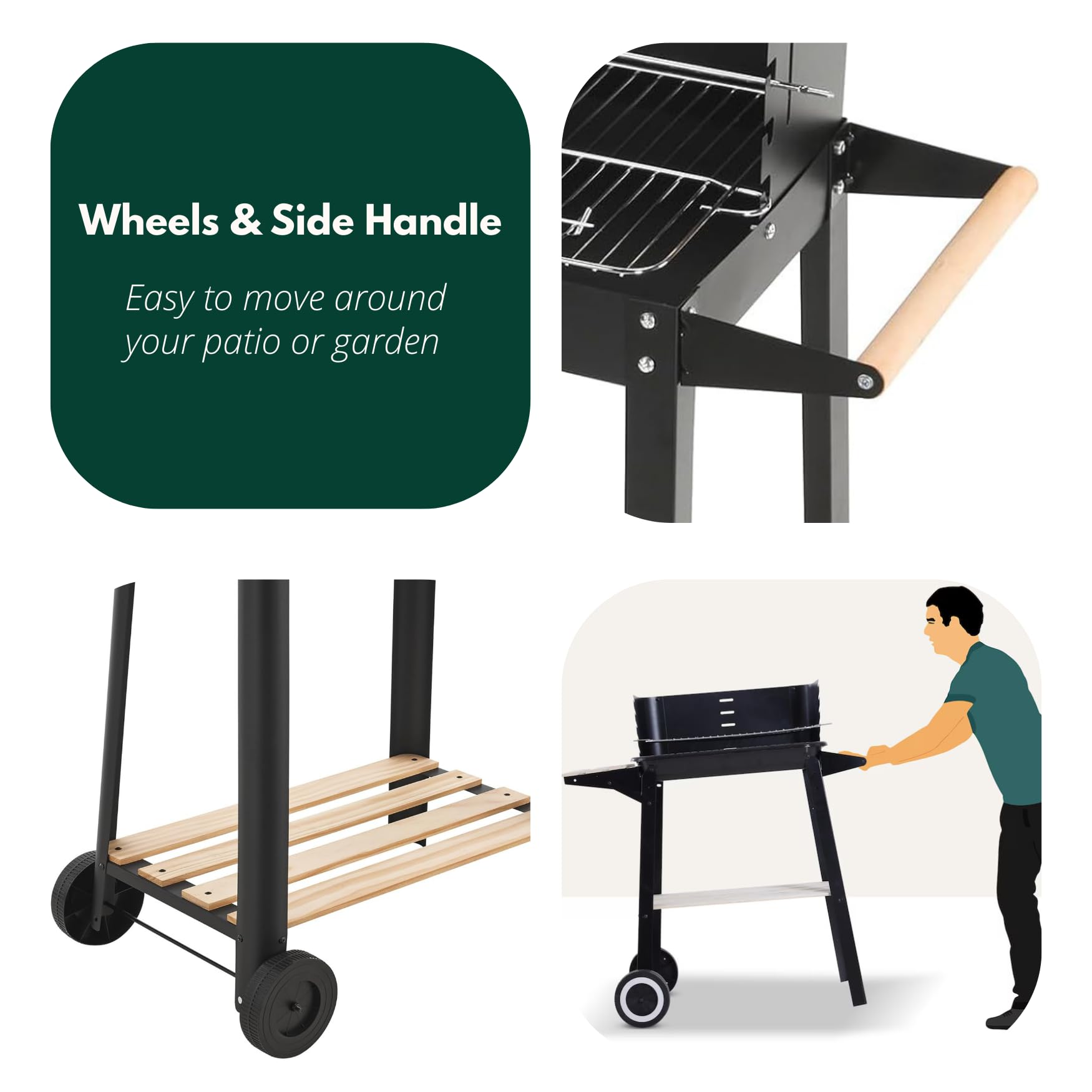 Garden Mile Parrilla de carbón con ruedas – Barbacoa de acero portátil grande con estantes de madera, altura ajustable, ahumador al aire libre para jardín, patio y cocina al aire libre