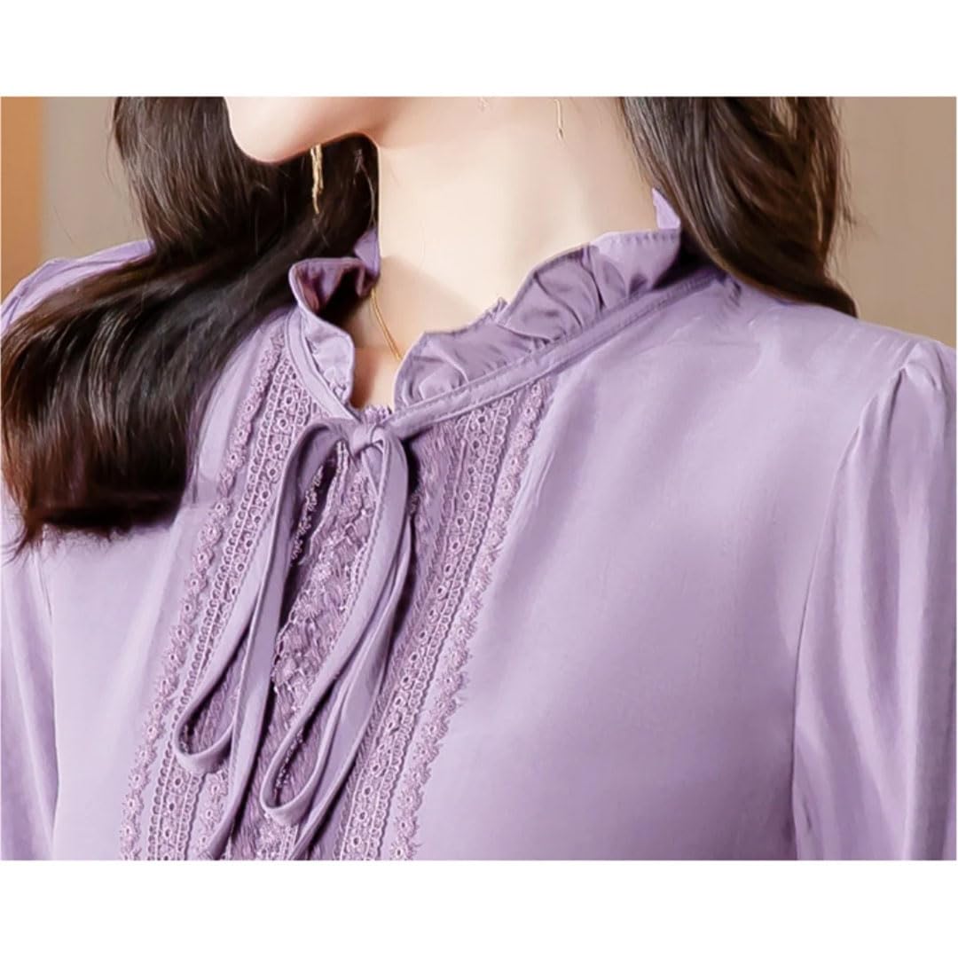 Camisas de seda de encaje para mujer, blusas de manga larga con borde de hongos, cuello de lazo, para oficina