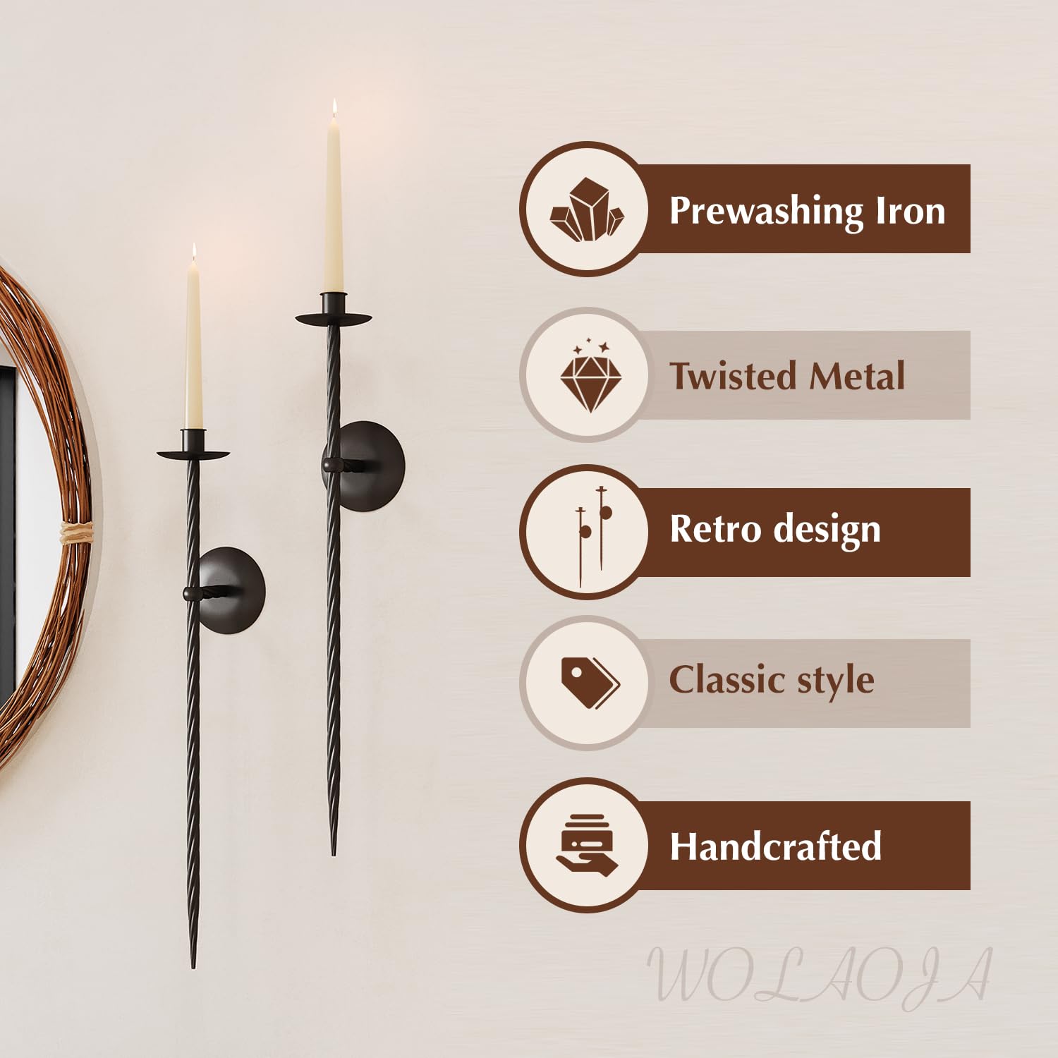 Candle Wall Sconce Set of 2, Large Twisted Wall Mount Metal Black Candle Holder Sconces Decor for Living Room Farmhouse Fireplace Wedding 23.5
