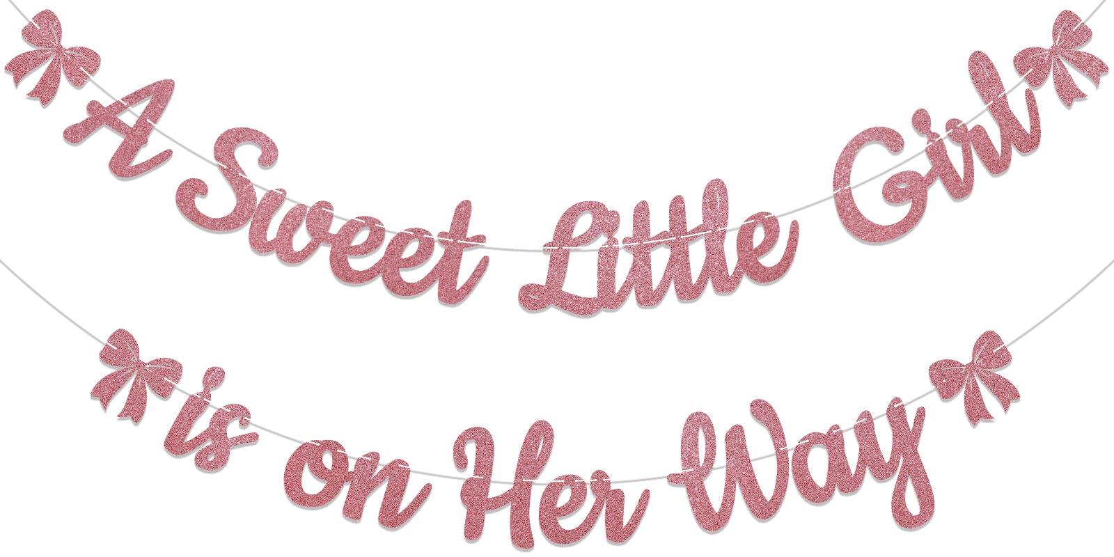 Photo 1 of A Sweet Little Girl is on Her Way Banner - Pink Bow Baby Shower Decorations, Sweet Baby Girl Gender Reveal Party Decorations Rose Gold Glitter