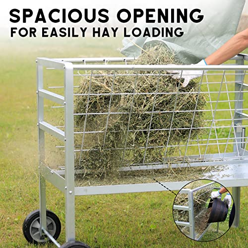 Solution4Patio Hay Feeder with Wheels, 2-in-1 Galvanized Steel Heavy-Duty Goat Feeder Cart, Large Capacity Rust-Proof Livestock Feeder for Sheep, Horses, Ponies, Easy to Clean