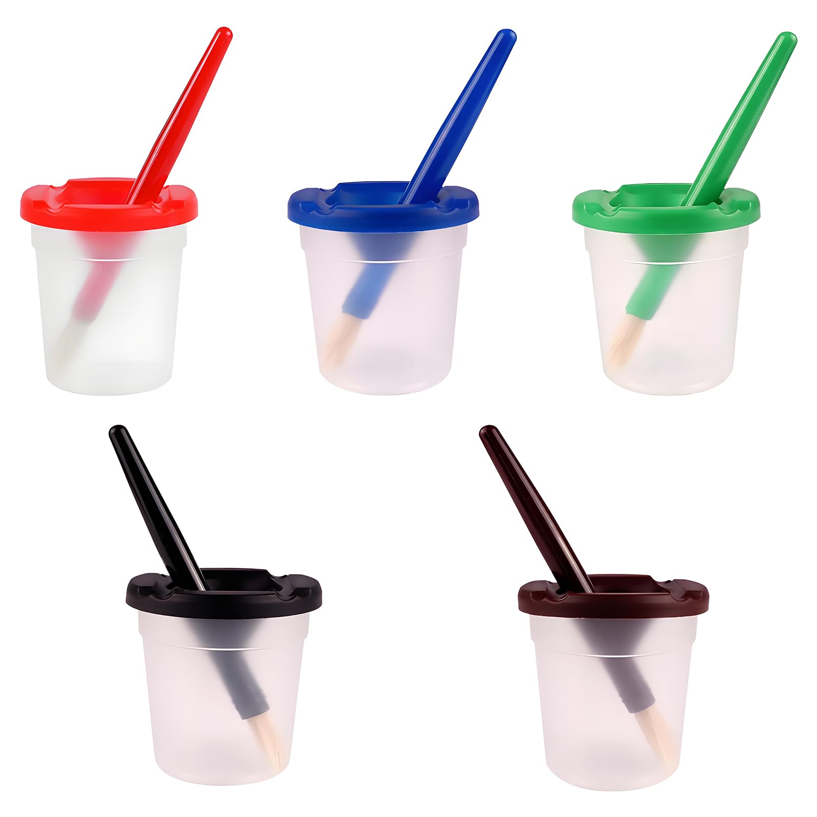 5Pcs No Spill Paint Cups, 5 Paint Brushes Included, Spill Proof Paint Pots for Art Craft, Painting Supplies for Home & Art Class