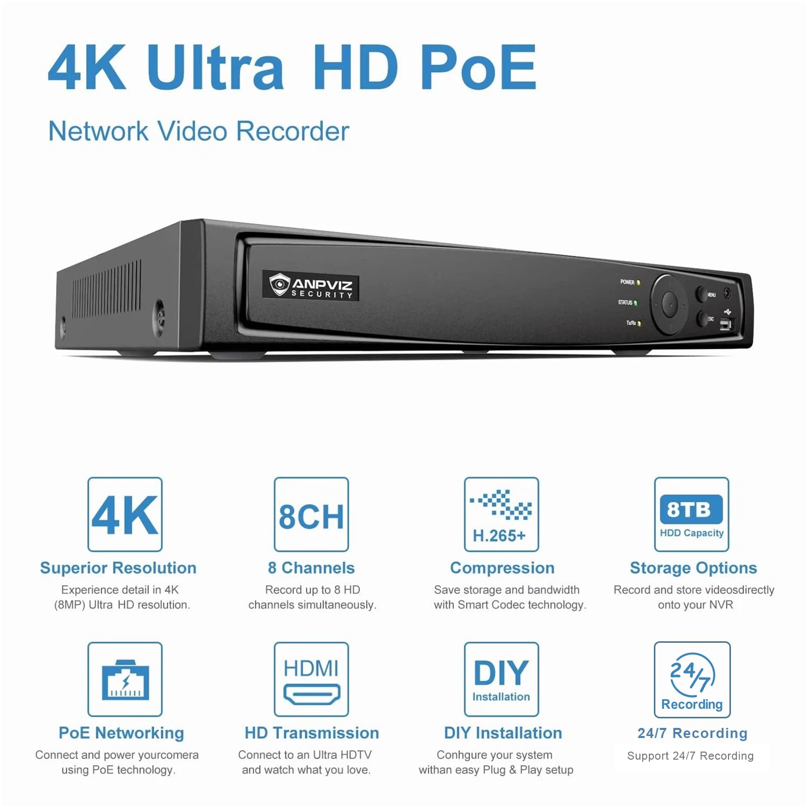 Anpviz Videoregistratore di rete PoE a 16 canali 4K NVR (1080p/3MP/4MP/5MP/6MP/8MP), sistema di videoregistratore di sicurezza domestica IP, conforme H.265+, backup compatibile IVMS4200 (16CH 4K NVR