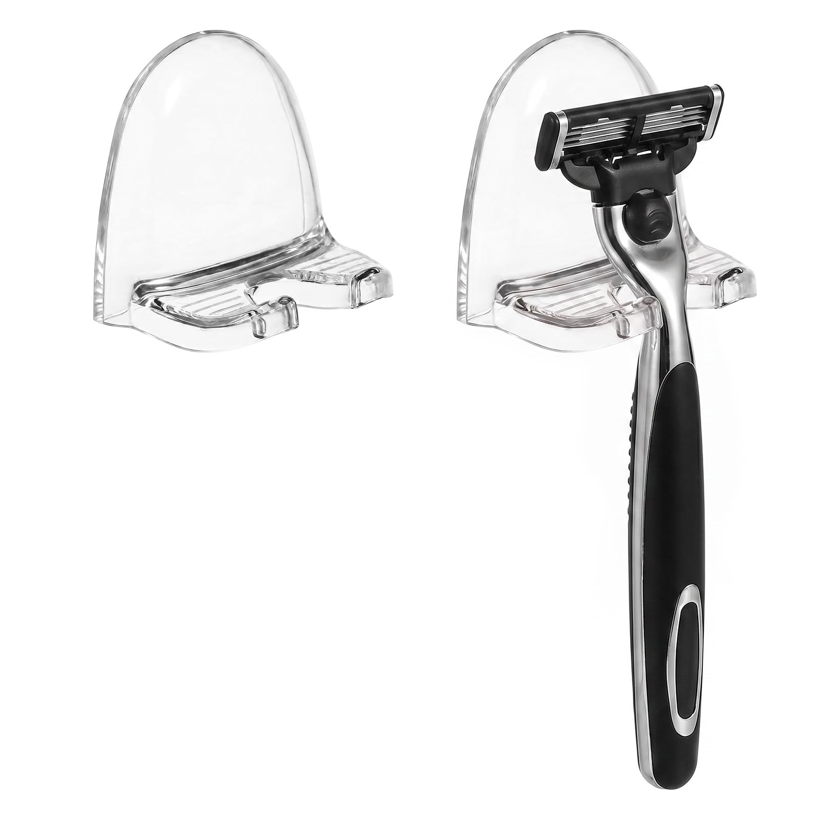 Sorcristy 2 Pack Strong Adhesive Shower Razor Holder, Waterproof Stainless Steel Wall Hooks for Bathroom, Heavy Duty No-Drill Shaver Hanger for Razors, Towels and Loofahs(Transparent)