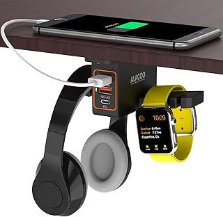 Headphone Stand with USB Charger Under Desk Headset Holder Mount with 3 Port USB Charging Station (20W PD & QC3.0) and iWatch Stand Smart Watch Charging Dock Dual Earphone Hanger Hook,UL Tested
