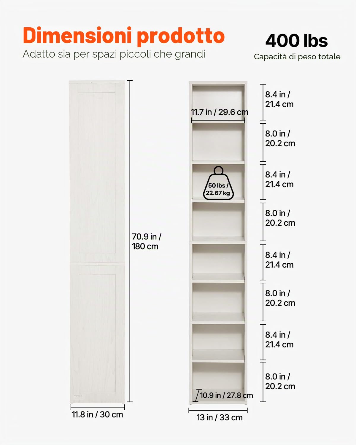 VEVOR Libreria Sottile a 8 Ripiani, Libreria Aperta in Legno Alta 180 cm con Ripiano Regolabile in Altezza, Espositore Autoportante per Riporre a Pavimento, Camera da Letto, Soggiorno, Ufficio, Bianco