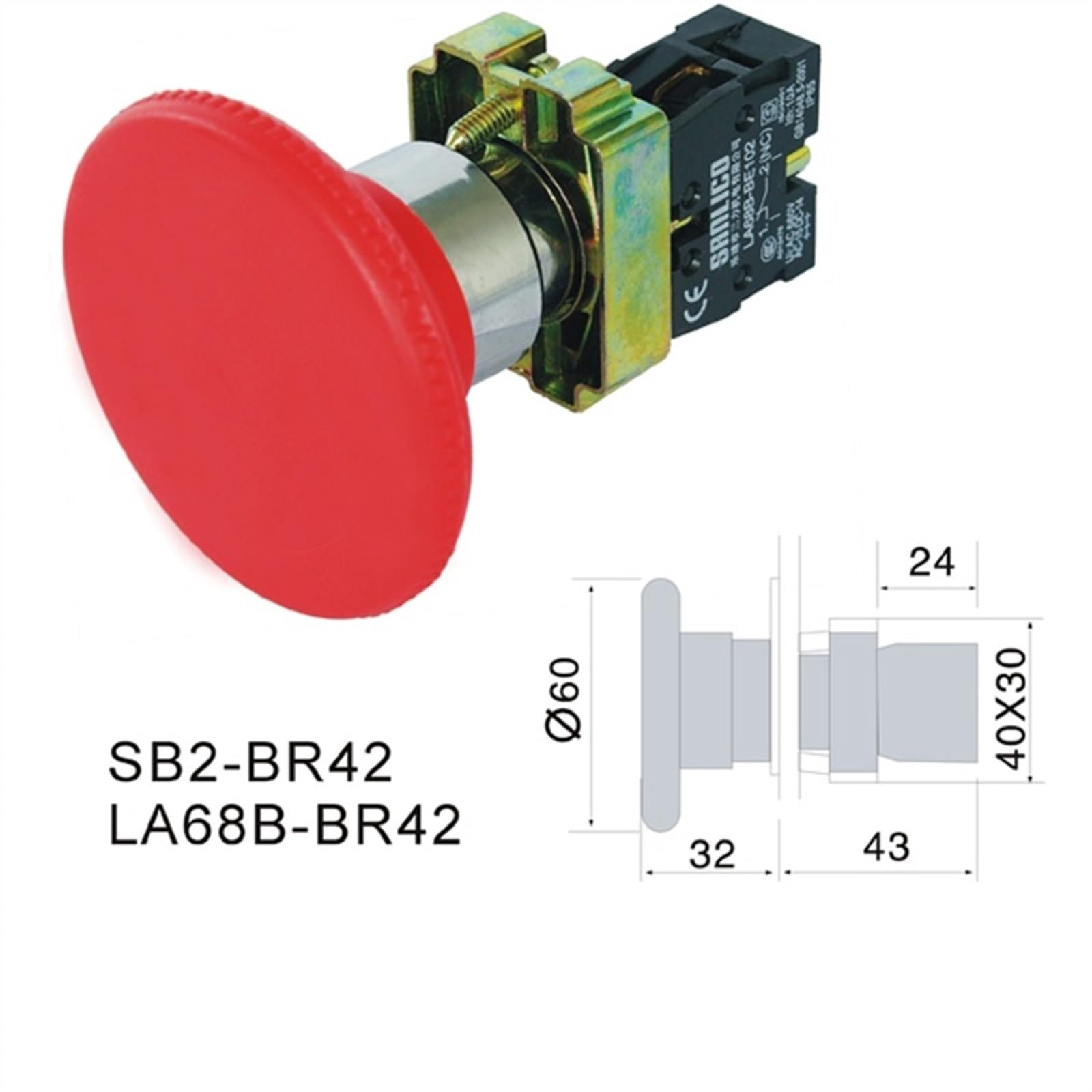 Interruptor de botón pulsador de cabeza de seta de parada de emergencia de Metal SB2 LA68B XB2-BR42 BR45 resorte momentáneo Ø22mm(Black,1NO AND 1NC)