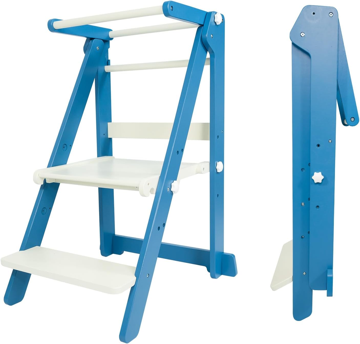 Foldable Toddler Learning Standing Tower, WOOD CITY Montessori Kitchen Step Stool Helper with 3 Adjustable Heights Learning Kitchen Tower for Counter and Bathroom Sink (White-Sky Blue)
