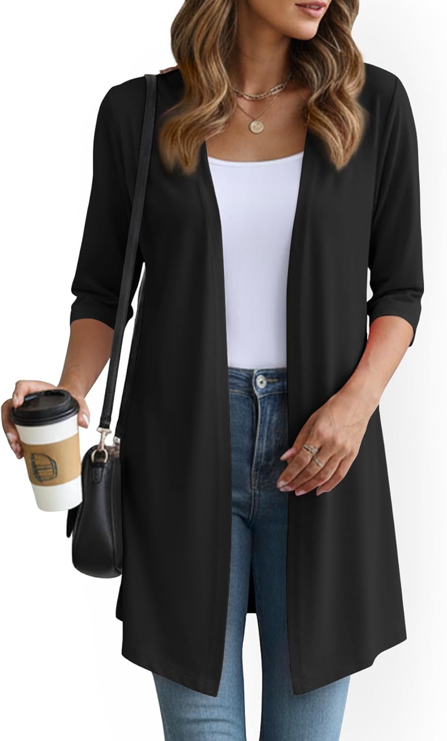 Womens Open Front Long Cardigan 3/4 Sleeve Lightweight Knit Cardigan Casual Layering Spring Summer