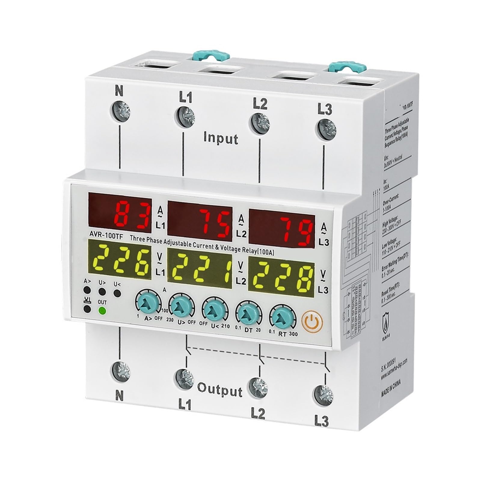 BALYDLUL AVR-XXTF 3x380V+Nuetral Over-current And Voltage Protection Relay 63A,80A,100A(With Phase Sequency,100A)