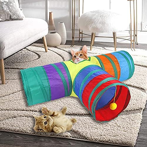 Cat Tunnel for Indoor Cats Interactive Pet Toy Play Tunnel for Cats Kitten Rabbits Puppies Crinkle Foldable (T-Style-Rainbow)