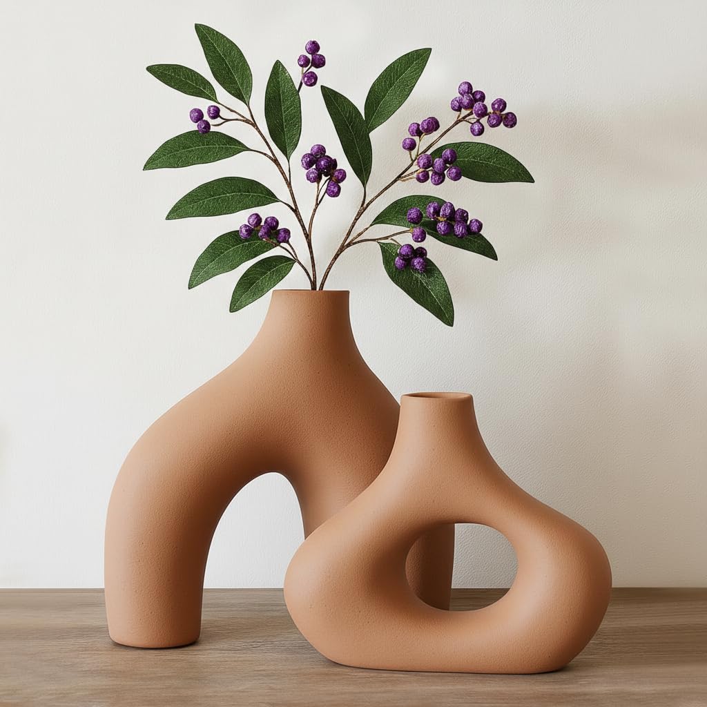PUREZENTO Abstract Brown Ceramic Donut Vase 5.4 & 7.7 Inch - Set of 2 | Decorative Unique Modern Vase for Dried Flowers & Pampas Grass | Vases for Modern Home Decor, Living Room, Office Decor Ideas