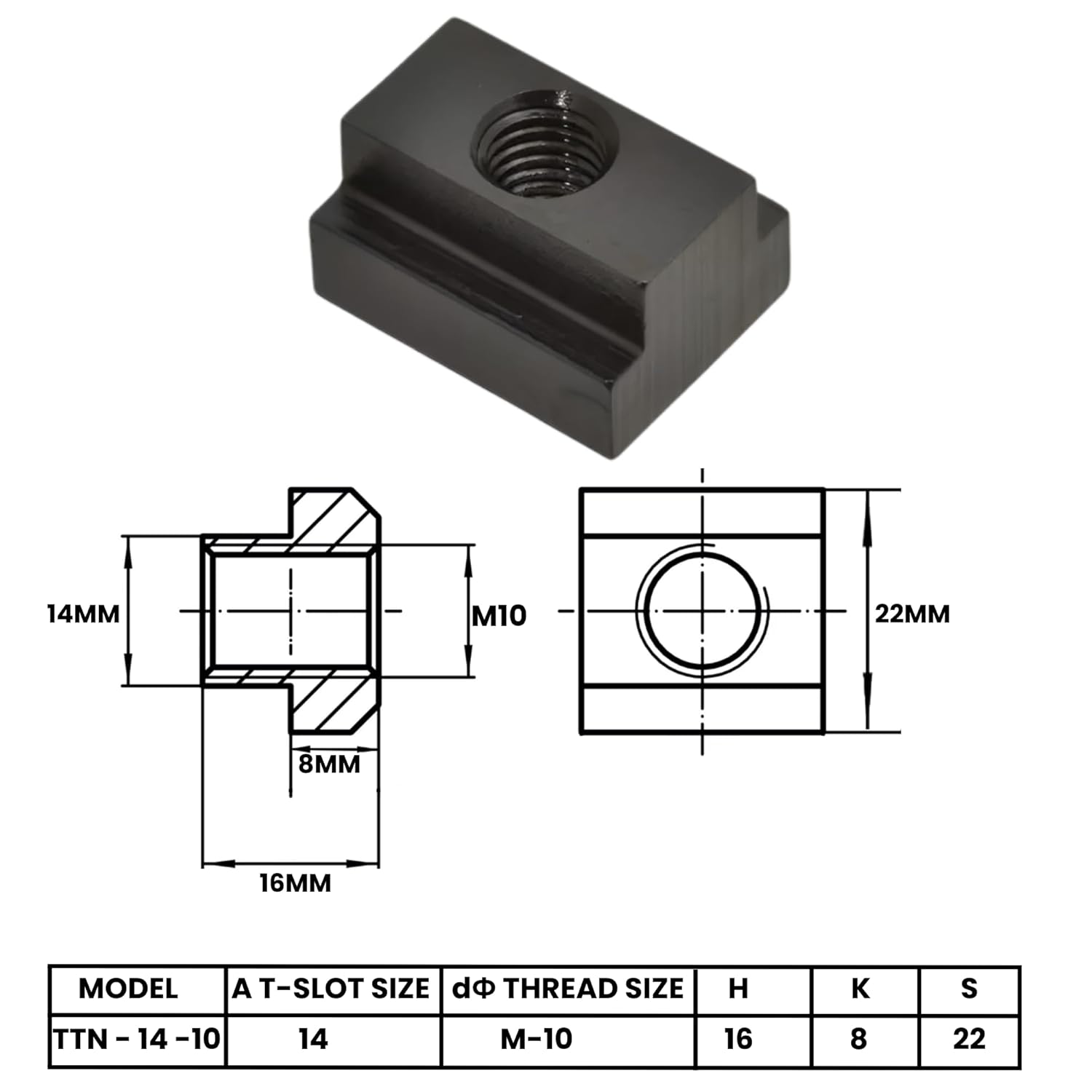 T-Slot Nut M10 Thread 14mm Table Slot Size Black Oxide Finish T-Slot Mounting Nut for Clamping & Fixtures Pack of (8)
