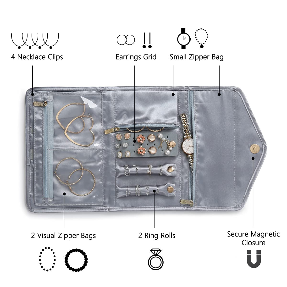 Jewelry Travel Organizer Roll – Zippered Storage Bag, Hanging Case For Necklaces & Earrings 9 thumbnail image