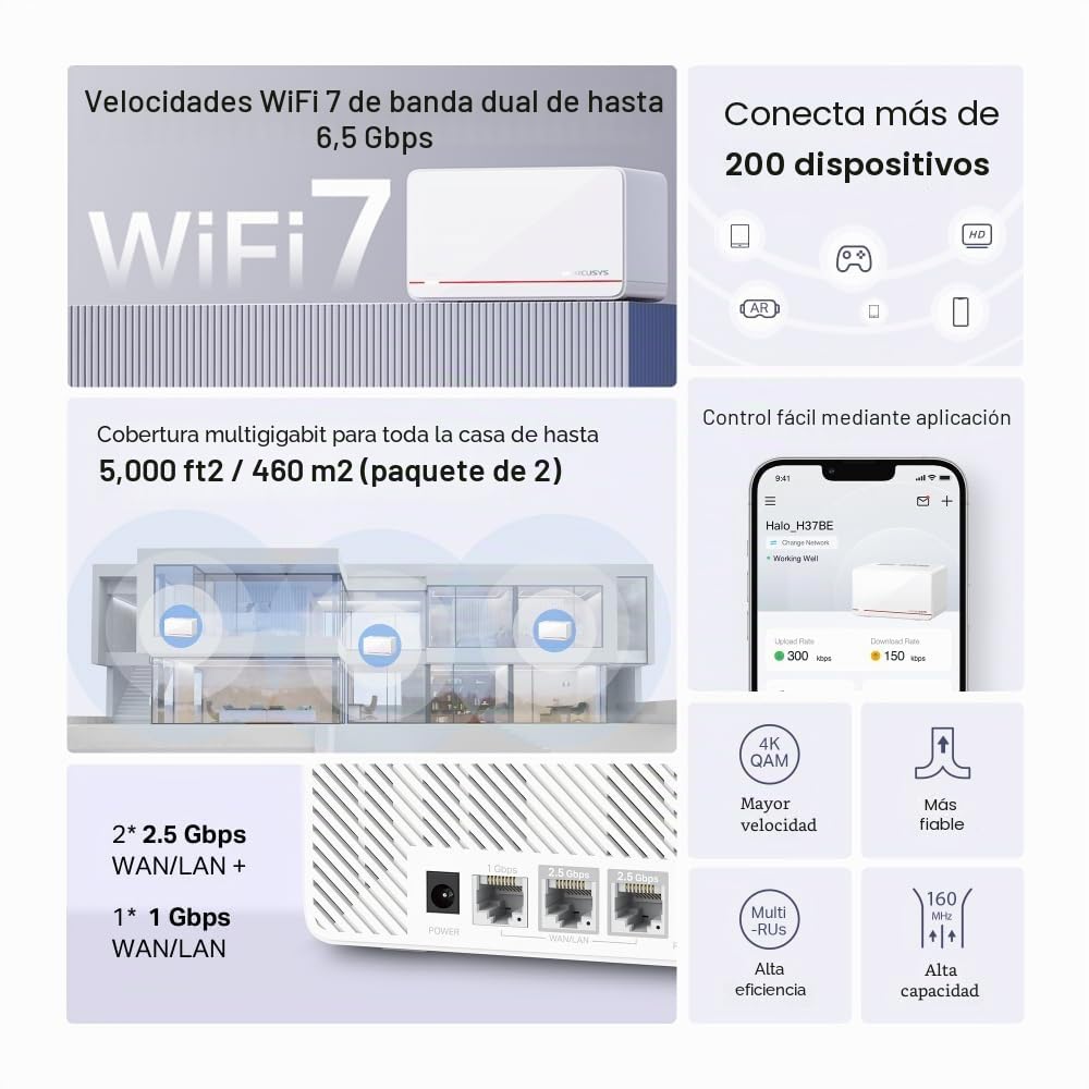 Mercusys BE6500 Sistema Wi-Fi 7 de malla para todo el hogar, doble banda, 4K-QAM, MLO, 2 x 2.5G + 1 x 1 G, roaming sin costuras, juegos y transmisión, fácil gestión y configuración de aplicaciones