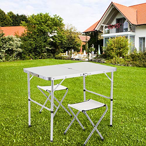 Sunkorto 2-Person Folding Picnic Table with 2 Stools, 3 Feet Aluminum Table Chair Set Heights Adjustable, Portable and Lightweight for Outdoor, Camping, Dining, BBQ Party