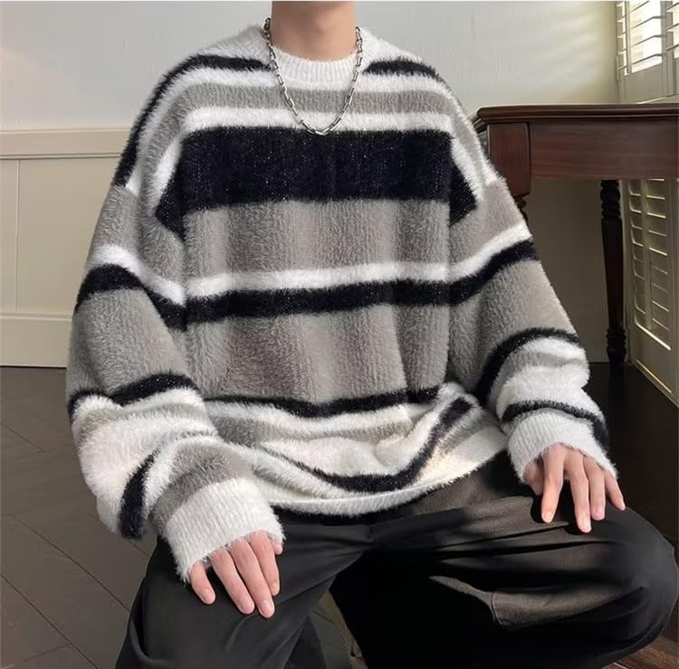 Mens Oversized Sweater Y2K Striped Loose Pullover Grandpa Vintage Aesthetic Knitted Crewneck Sweater Fairycore Clothing4