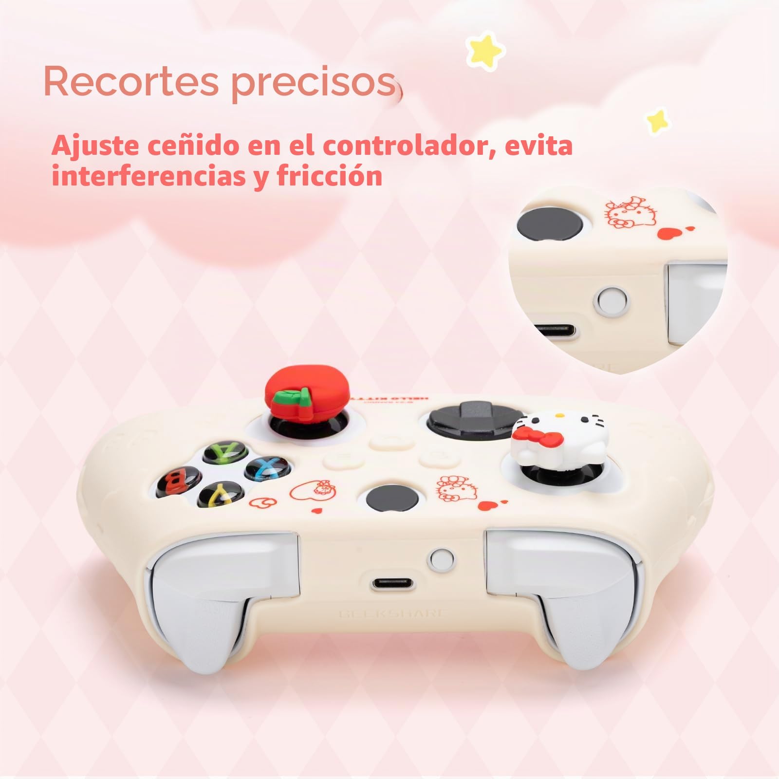 Kuitmor Funda protectora antideslizante de silicona suave compatible con mando de Xbox con 2 tapas de agarre para el pulgar y 1 adhesivo (beige Hello Kitty)