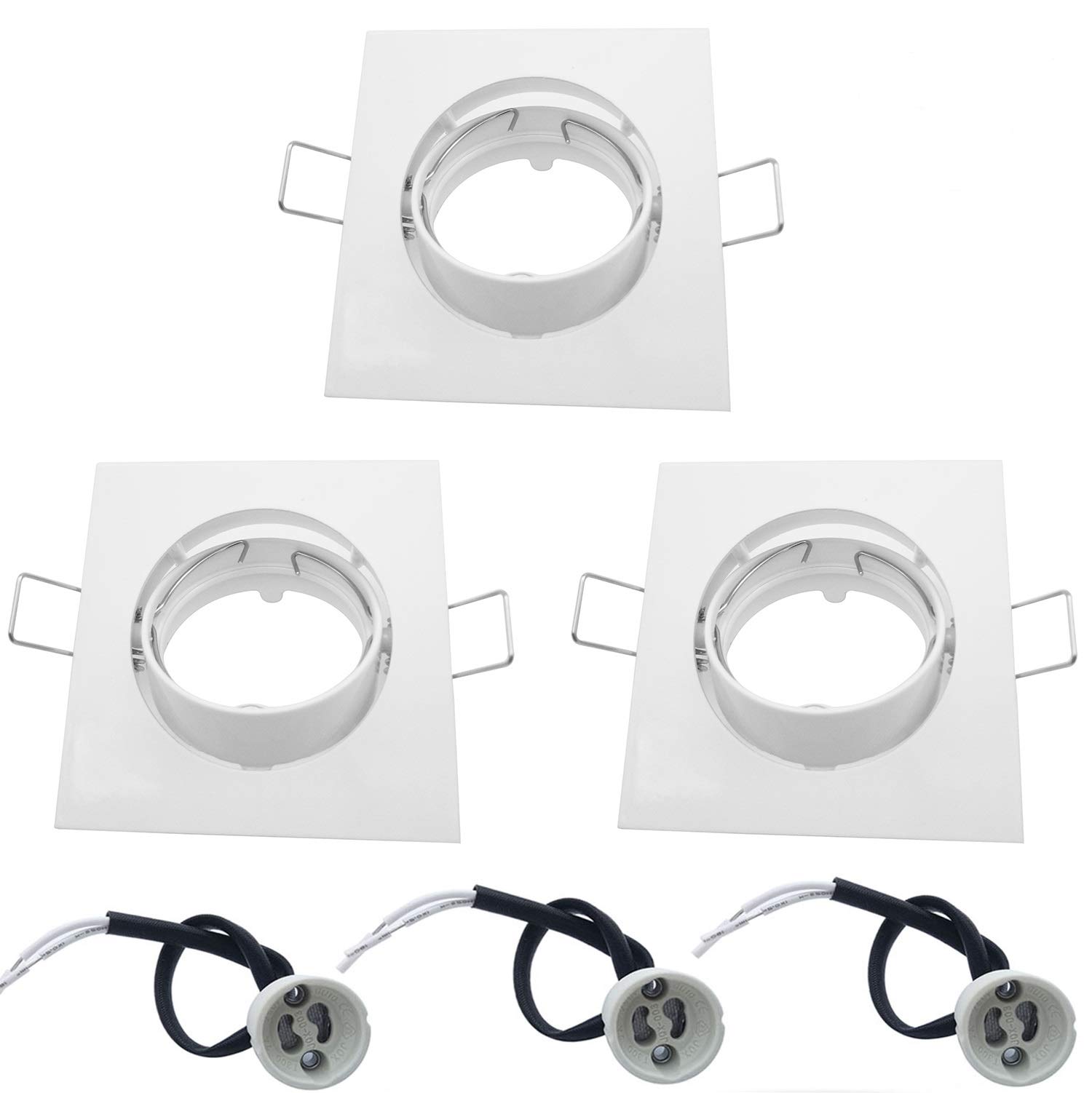 BlueXP Set of 3 Recessed Spotlights Mounting Frame Swivelling Square Frame Including 3 GU10 Ceramic Socket for Mounting Frame Set for GU10 or MR16 50 mm Light Bulb Halogen Glossy White