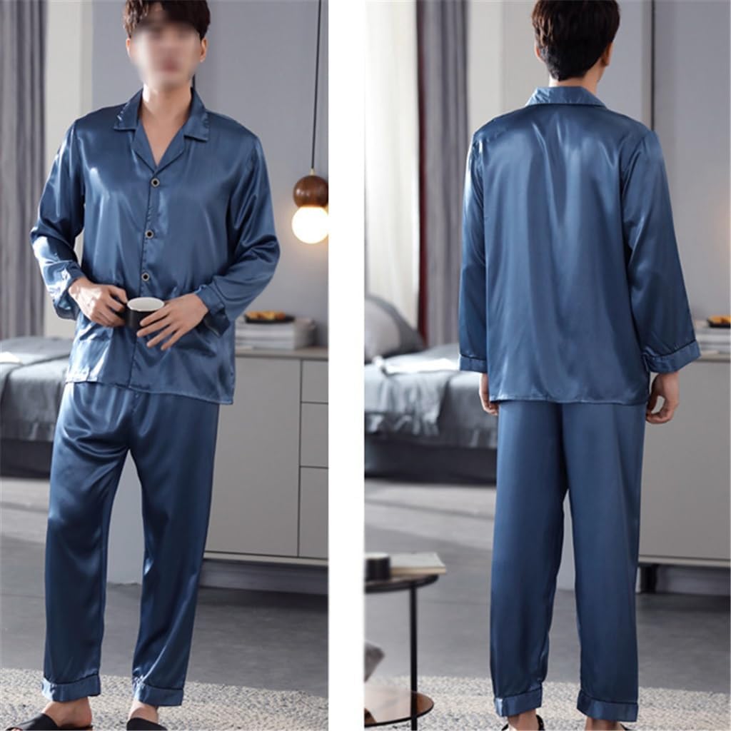Long-sleeved Silk Ice-silk Pyjamas for Men in A Thin Faux Four-season Suit
