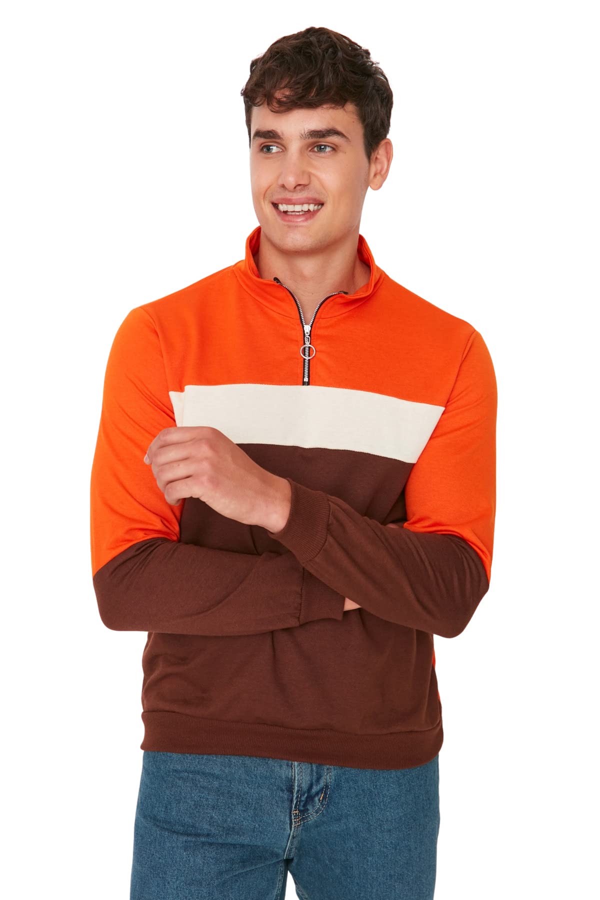 Trendyol Man Slim fit Basic Standing collar Knit Sweatshirt Orange