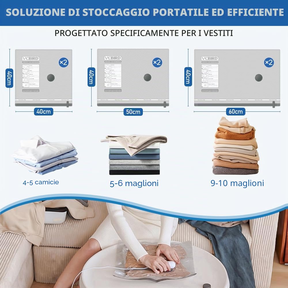 Sacchetti Sottovuoto Vestiti con Pompa USB, 6 Pezzi di Buste Sottovuoto Vestiti (2X 40*40cm, 2X 40*50cm, 2X 40*60cm), Sacchetti Sottovuoto Viaggio Riutilizzabili - Essenziali per Viaggio Salvaspazio