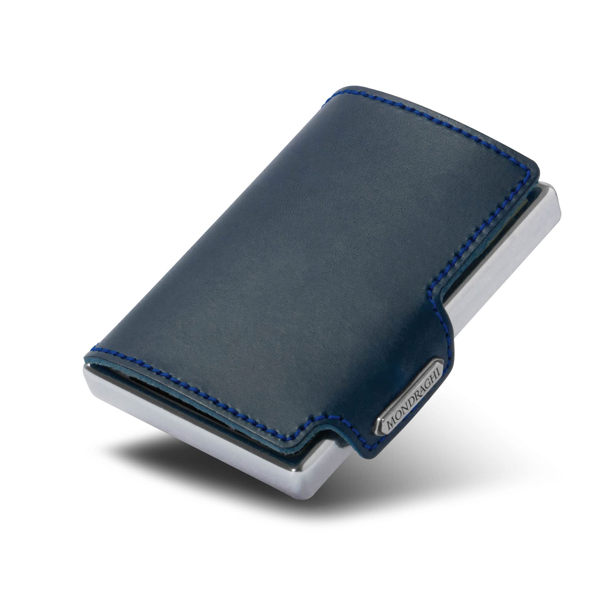 MONDRAGHI® Mini-Wallet. Ultraleichte Geldbörse mit Narbenleder. Kleiner Geldbeutel mit RFID-Schutz-Chip - Kartenetui mit Leichtmetallrahmen | Elegance Blu