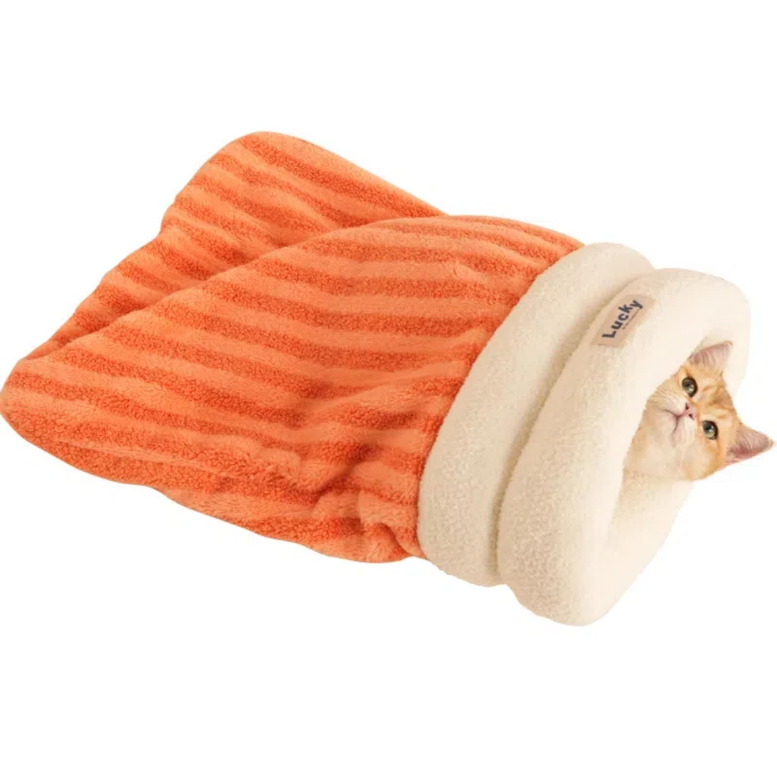 Cat Sleeping Bag, Warm Indoor Cat Cave Bed, Semi Enclosed Sleeping Bag for Cats 360°Wrap Soft Plush Cat Bed, Comfortable Cat Nest Bed, Cat Beds, Cat Sleeping Bag for Indoor Cats, Orange, M 5 kg — image 1