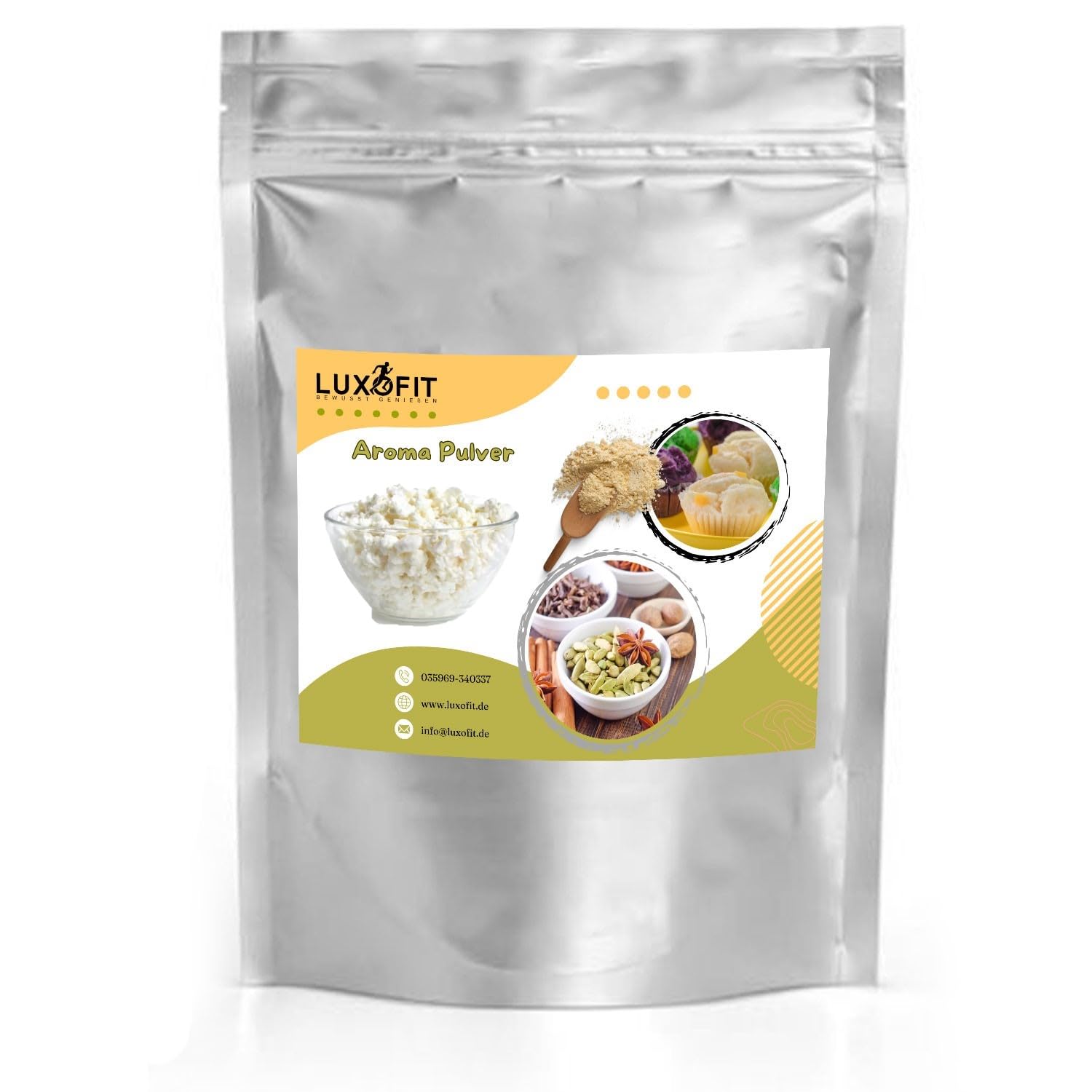 luxofit Hüttenkäse Aroma Pulver, Vegan und Vegetarisch, Wasserlöslich, Intensive Geschmacksnoten, Aromatisierung von Lebensmitteln, GMO-Frei, Made in Germany (500 g), Weiß
