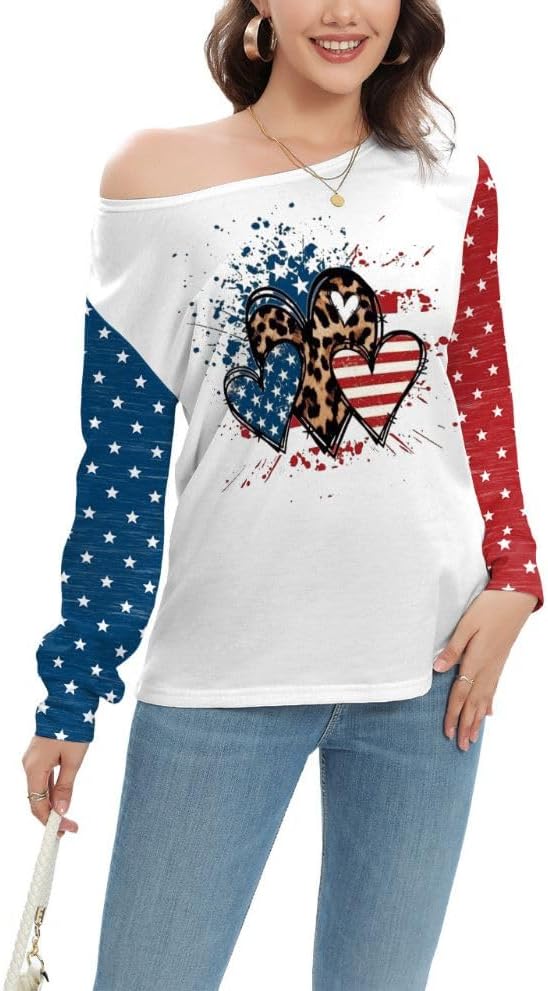 JTeenaWomen American Flag Off Shoulder Tops 4th of July Shirts Patriotic Shirt Stars Stripes Casual Long Sleeve