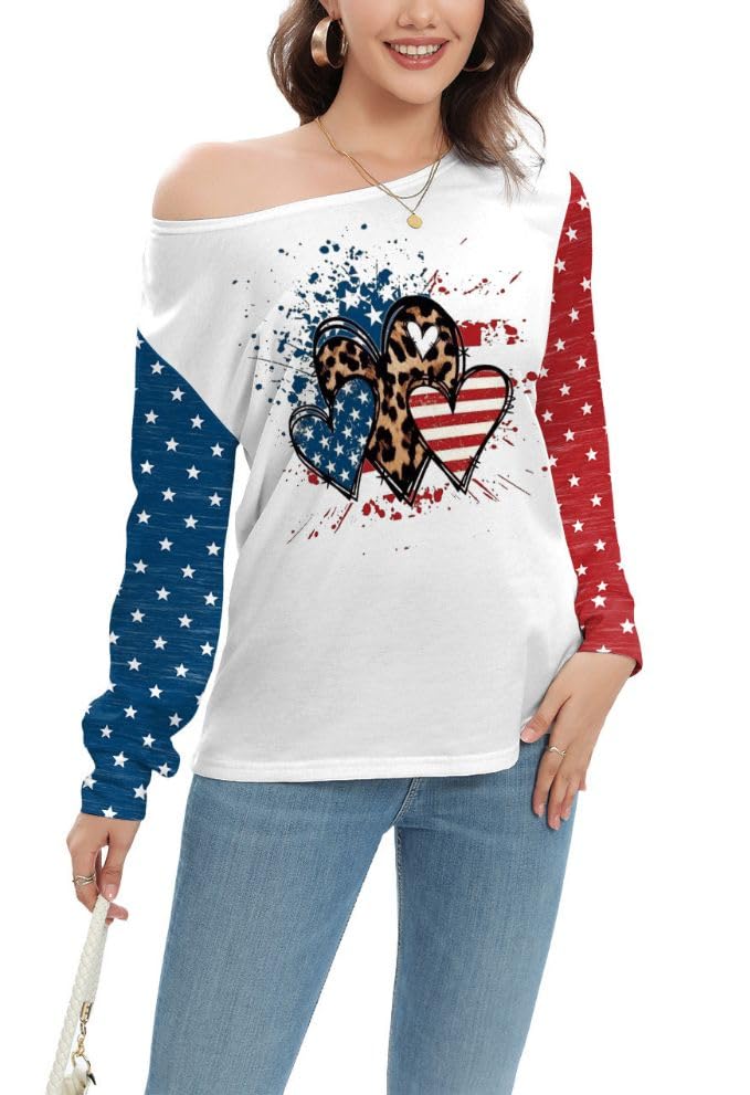 JTeenaWomen American Flag Off Shoulder Tops 4th of July Shirts Patriotic Shirt Stars Stripes Casual Long Sleeve