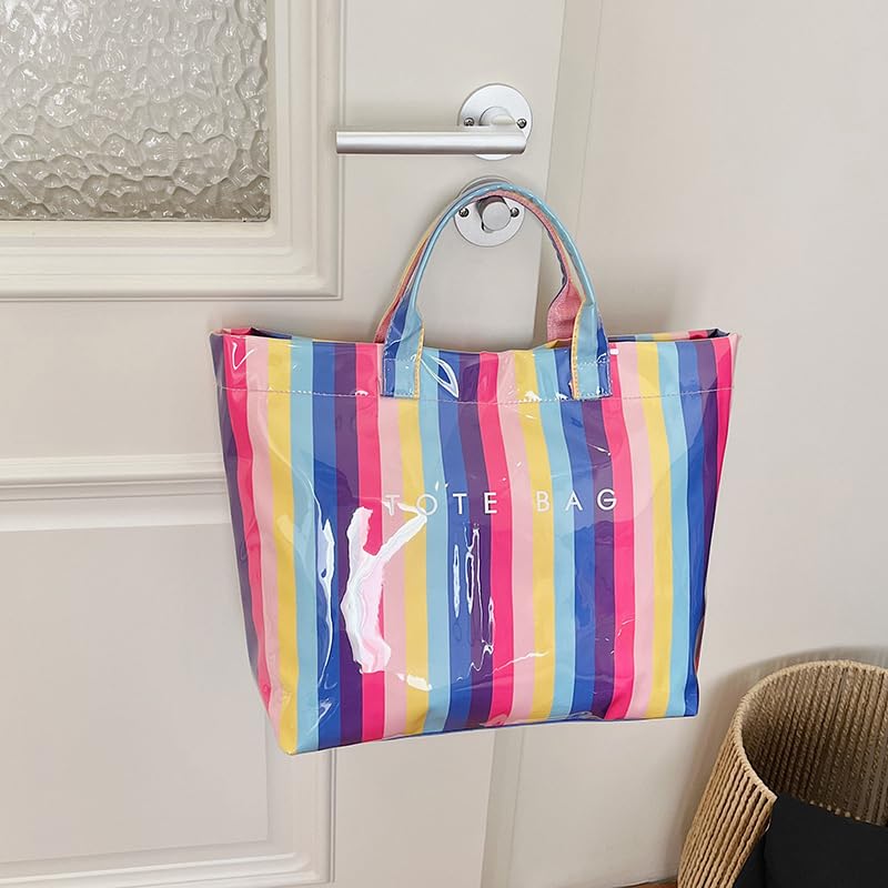 Image of Lushandy Striped PVC Tote Bag for Women, Checkered Plastic Tote Bag for Beach Pool Large Plaid Letters Print Hobo Handbag