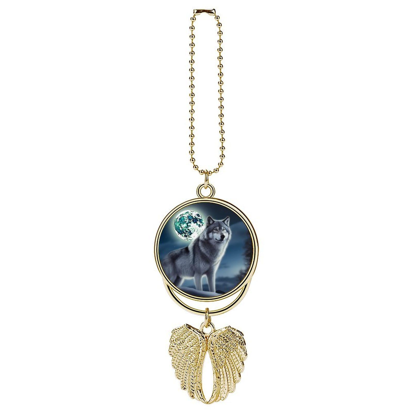 Wolf Under Moon Car Charm, Alloy Rear View Mirror Pendant, Bling Funny Car Hanging Ornament Gift for Women Men, Car Pendant Lucky Auto Interior Decoration Accessories Golden-Style