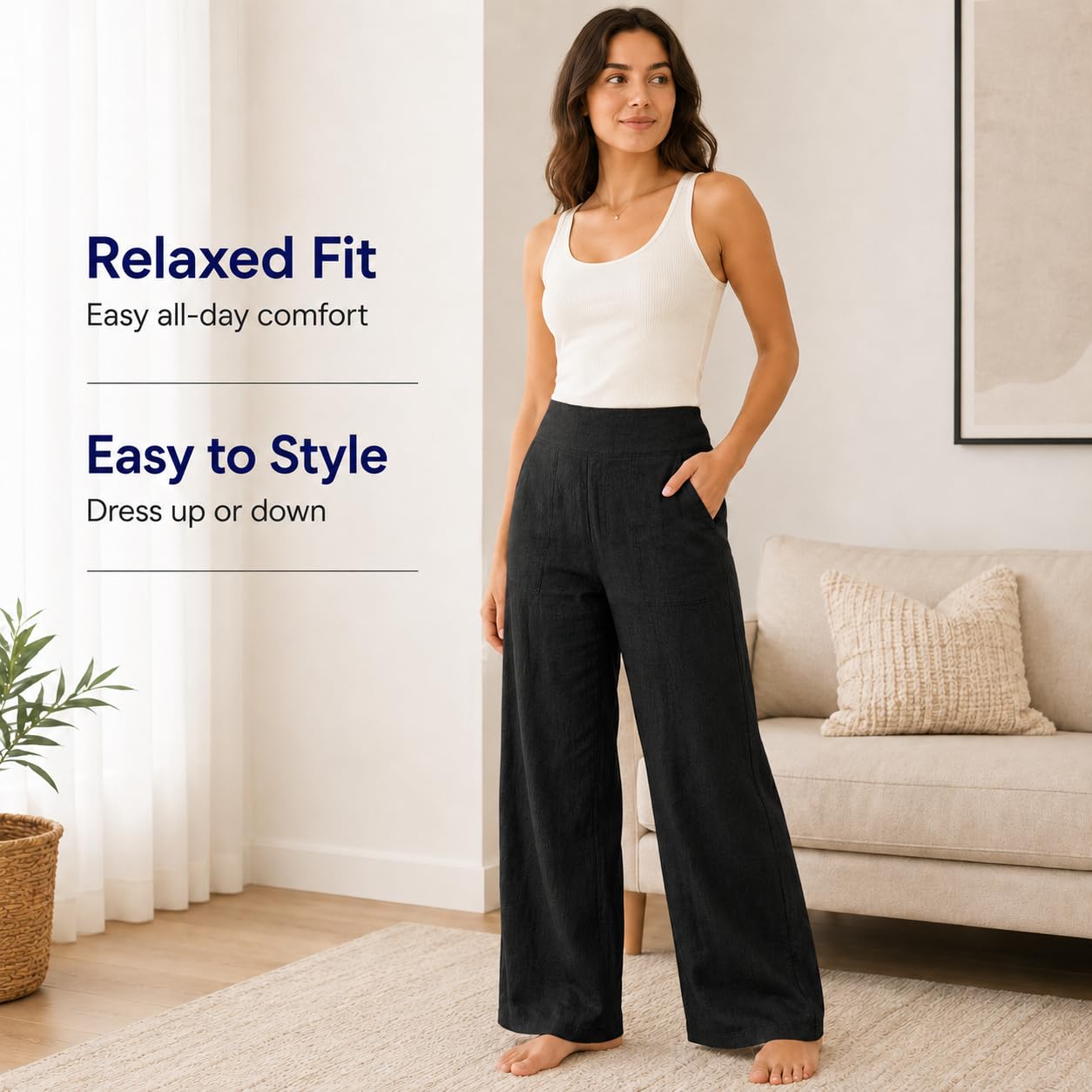 Pantalon Femme Gaze De Coton Fluide Pantalons Ete Lin Taille Haute Décontracté Chic Et Elegant Pantalons Léger Respirant Confortable Baggy Jogging Ample Casual Sport Pants Vacances Quotidien