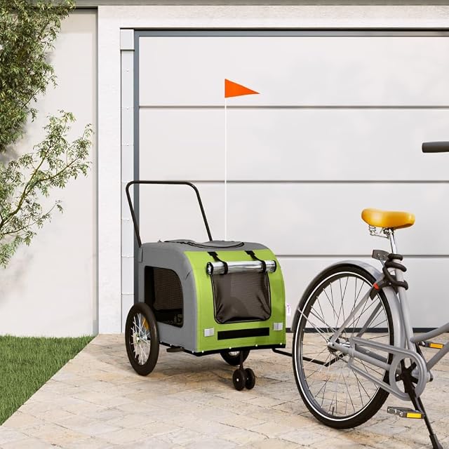 Foto 2 de 8 de vidaXL Remolque de Bicicleta Mascotas Hierro Tela Oxford Verde Gris
