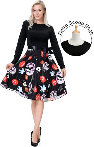 Miniatura 3 de Vestidos de Halloween para mujer de manga larga vestido de cóctel swing esqueleto calabaza impreso fiesta de disfraces disfraz para fiesta