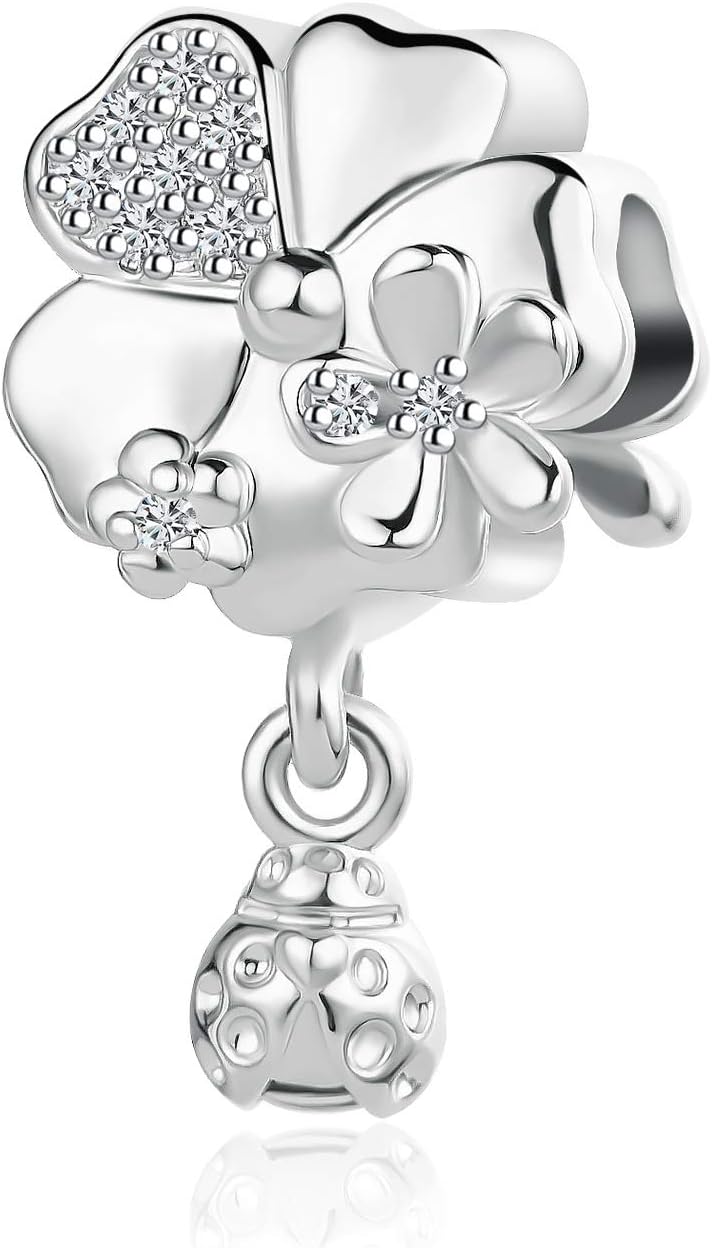 MiniJewelry Women Girls Good Luck Lucky Clover Ladybug Dangle Charm Compatible with Pandora Charm Bracelets Crystal Clear CZ Daughter Sister