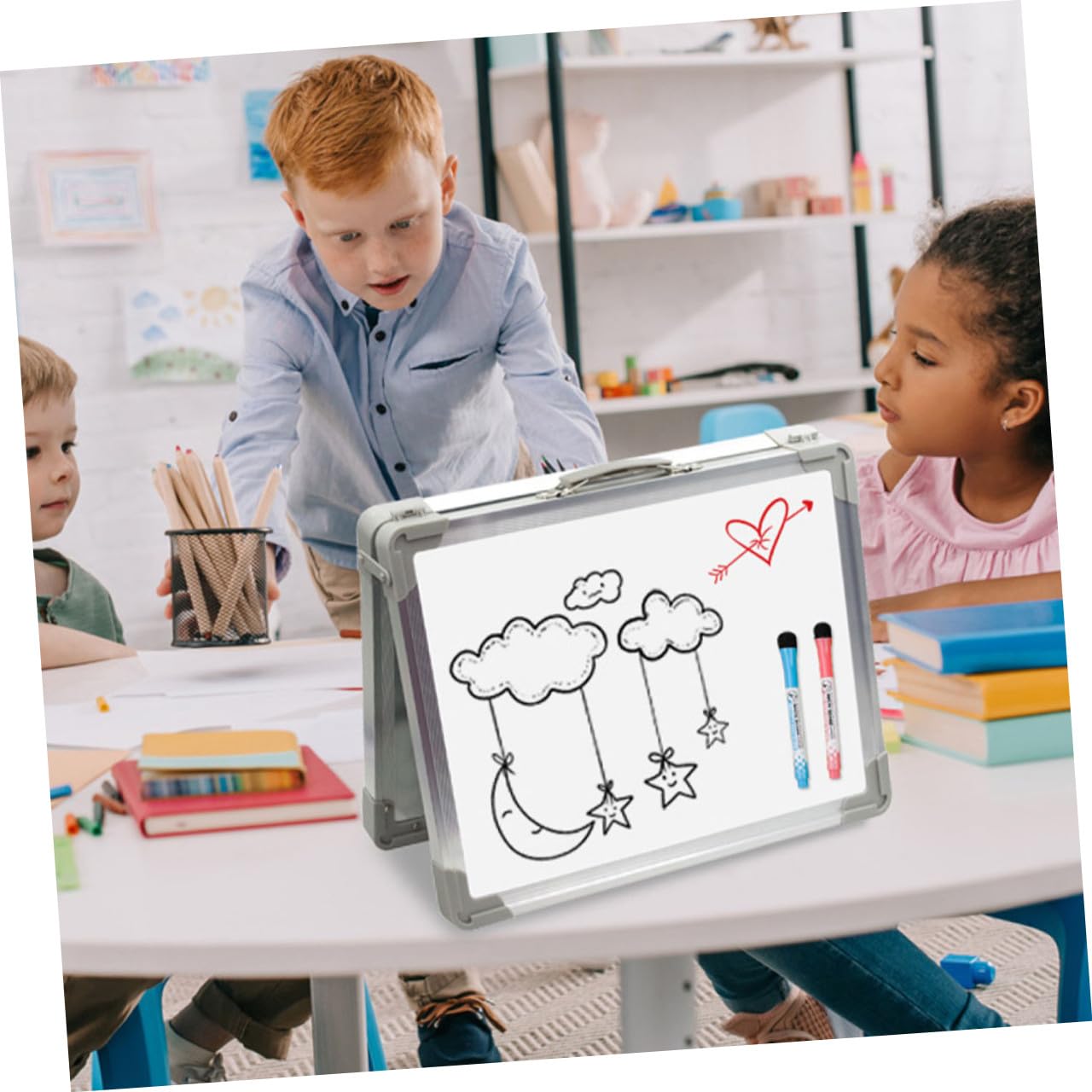WOONEKY Lavagna in Lega di Alluminio e Abs Cancellabile a Secco Magnetica Bianca Pieghevole Doppia Faccia Portatile per Casa e Scuola, per Insegnanti e Studenti